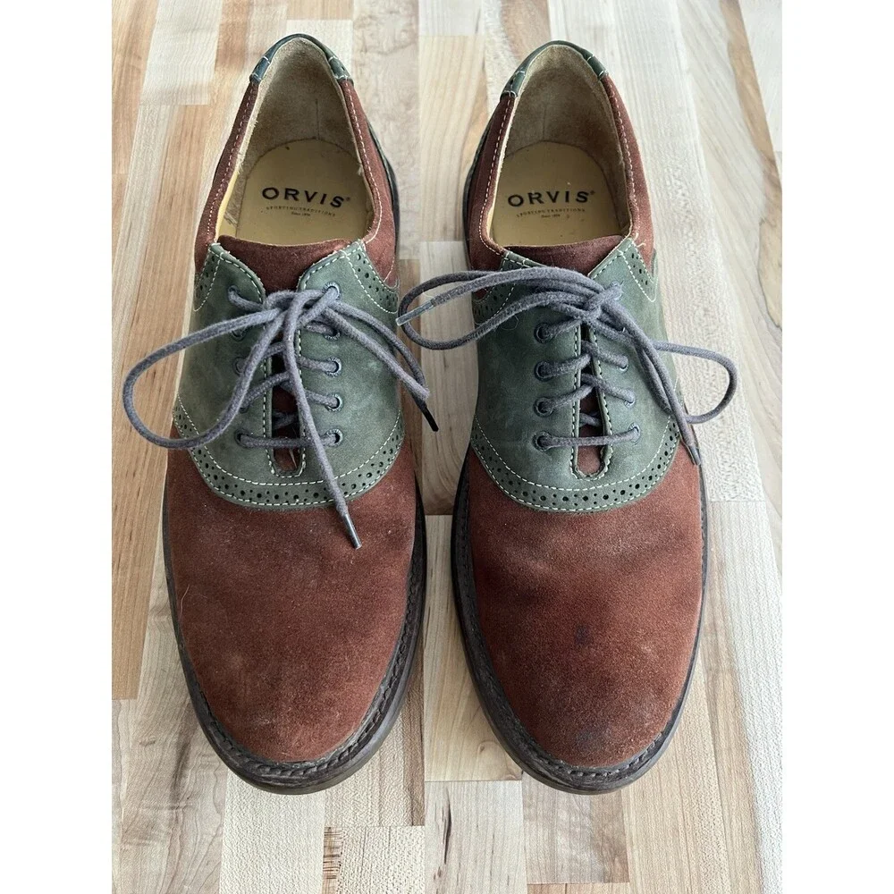 Orvis Men's Saddle Oxford Dress Shoes Lace Up Suede Brown Green Size 11 M